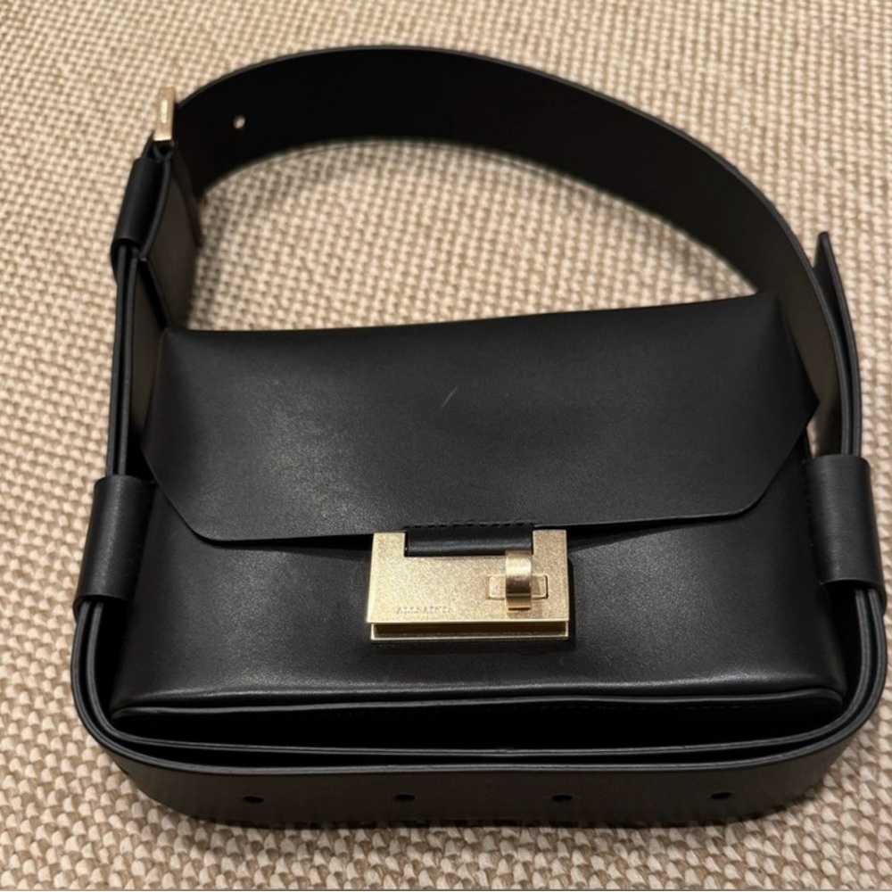 ALL SAINTS NWT Elegant Black and Gold Crossbody Bag with Structured Design